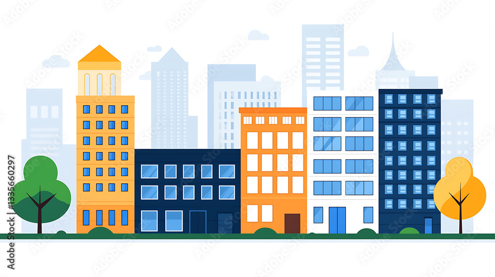 Fototapeta premium Colorful cityscape illustration featuring various buildings and trees