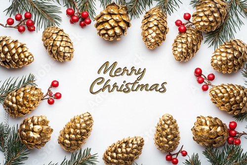 Festive Holiday Greetings: Golden Pinecones and Red Berries Frame Merry Christmas photo