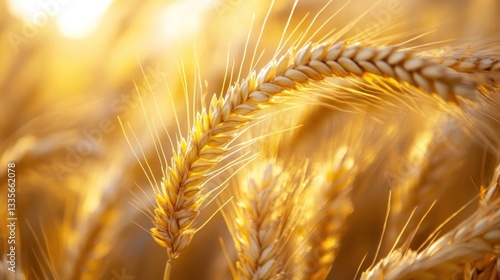 Golden wheat ears in sunlit field