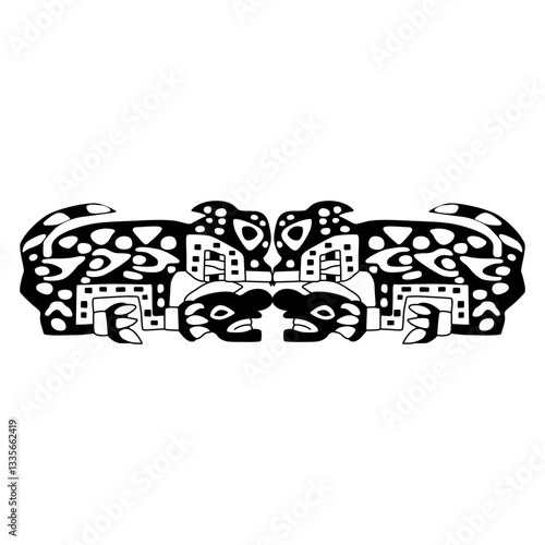 Symmetrical animal design with two fantastic monster cats holding human heads. Native American ethnic motif from ancient Peru. Wari or Huari Andean culture. Black and white silhouette.
