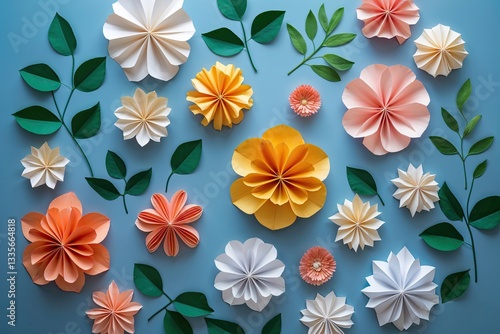 Aerial View of Colorful Paper Flowers and Green Leaves on Light Blue Background with Text Space