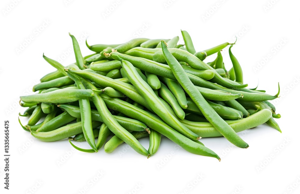 A pile of fresh green beans sits on a white background A pile of fresh green beans sits on a white background