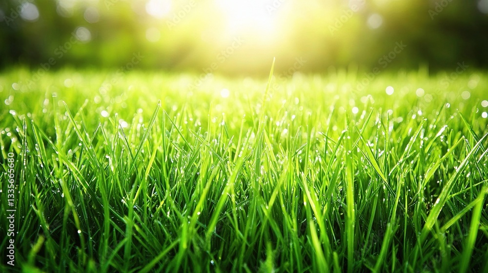 Obraz premium Close-Up of Vibrant Green Grass Blades Glistening in Sunlight