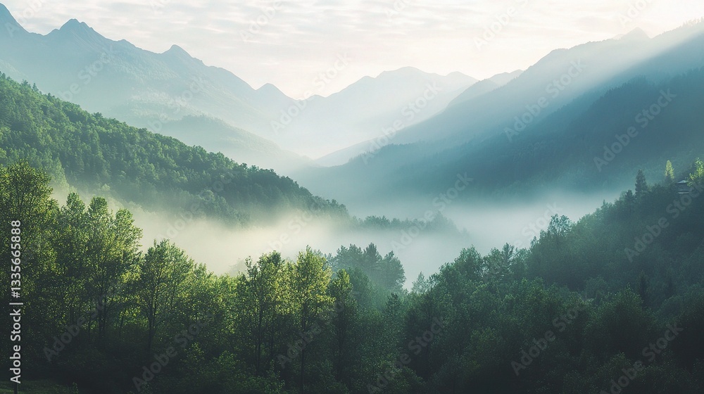 Fototapeta premium Tranquil Morning in Nature with Misty Mountains and Serene Scenery