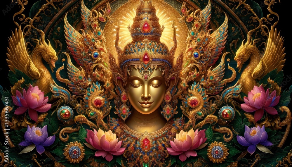 Golden Deity Surrounded by Vibrant Nature Elements Golden Deity Surrounded by Vibrant Nature Elements