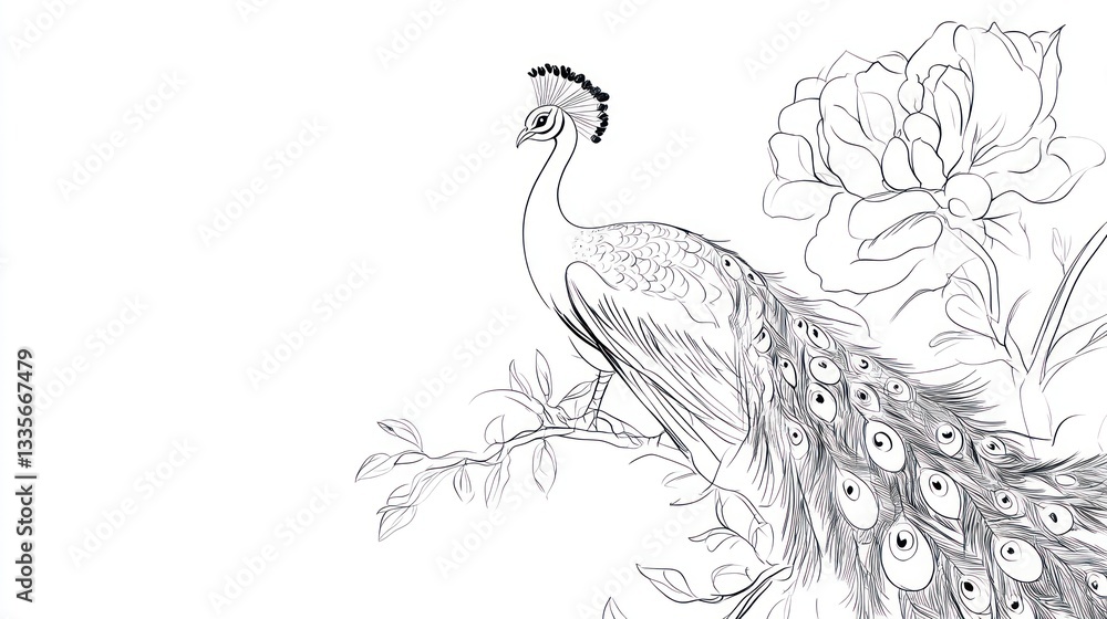 Fototapeta premium Elegant peacock perched on a branch amongst blossoming flowers, intricate line art design