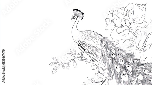 Wallpaper Mural Elegant peacock perched on a branch amongst blossoming flowers, intricate line art design Torontodigital.ca