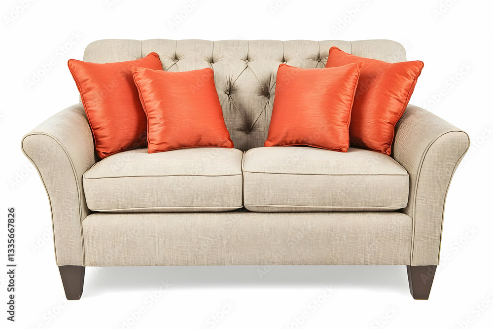 Naklejka premium Beige loveseat with orange pillows, studio shot, home decor