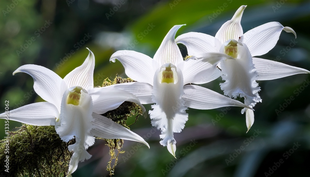 Fototapeta premium Coelogyne cristata (Crested Coelogyne) white orchid flowers, Eastern Himalayan orchid closeup