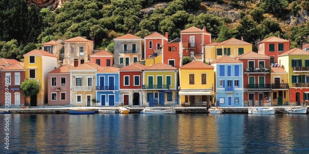 Obraz premium Colorful waterfront houses reflecting in serene water, showcasing charming architecture in a coastal village