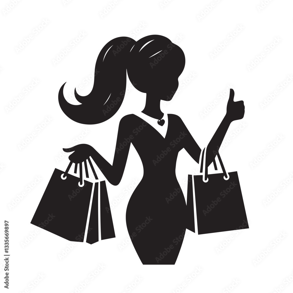 woman with shopping bags and thumbs up hand. woman with shopping bags and thumbs up hand.