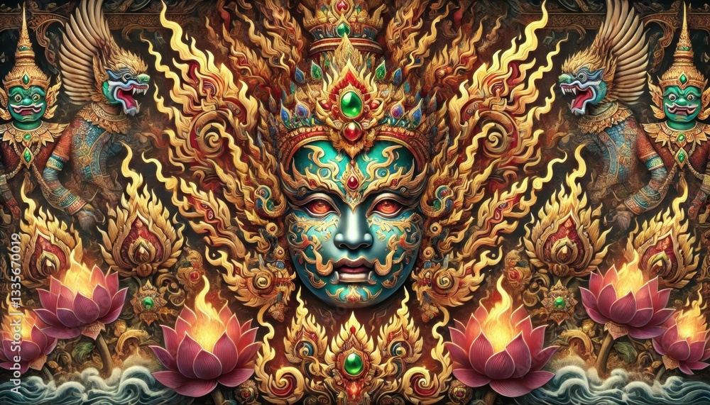 Intricate Colorful Depiction of Mythical Deity Intricate Colorful Depiction of Mythical Deity