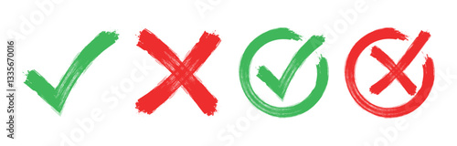 Set hand drawn check mark, tick and cross brush signs, checkmark OK and X icons, symbols YES and NO button, sketch checkmarks,  - stock vector