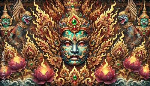 Intricate Colorful Depiction of Mythical Deity