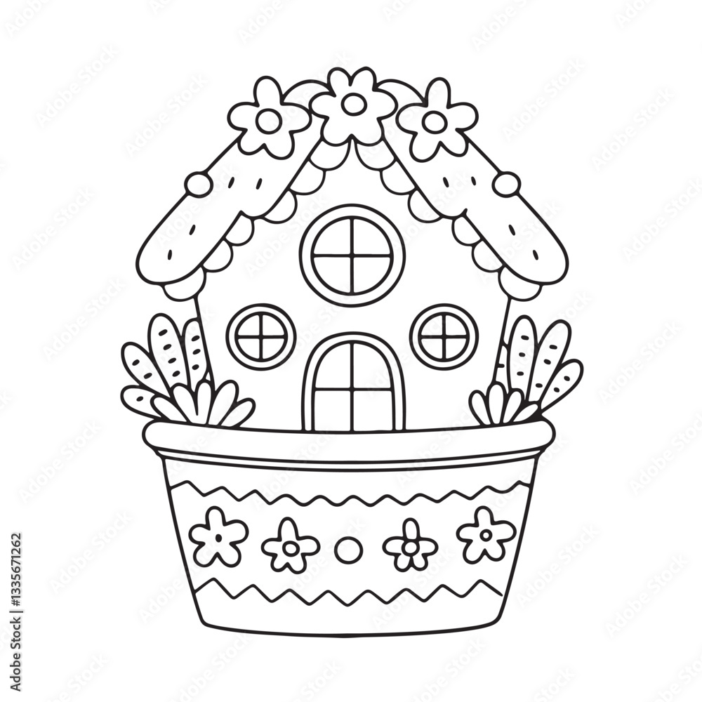 Obraz premium Miniature Garden Bold And Easy Coloring Pages. house in a basket.