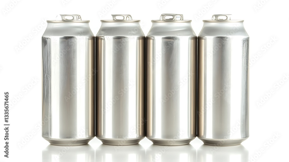 Four unopened silver aluminum cans on white background. Four unopened silver aluminum cans on white background.