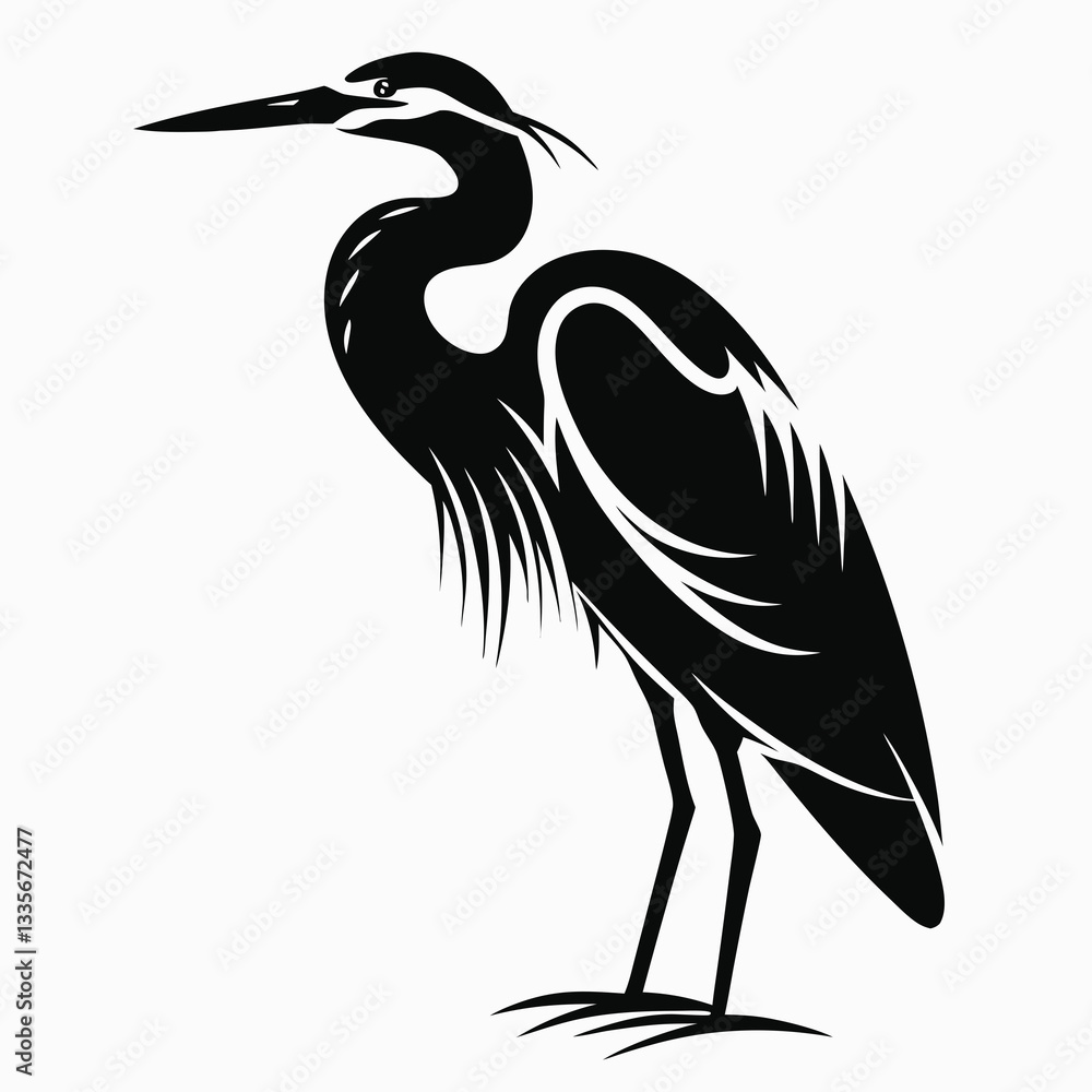 Fototapeta premium Black heron bird silhouette standing on white background, elegant and detailed design