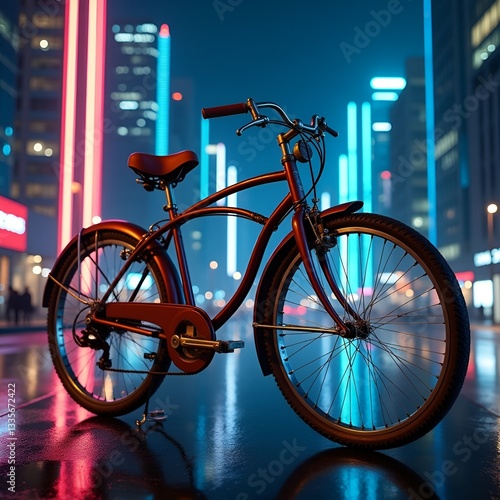A red bicycle parked on a wet street at night with vibrant neon lights reflecting in the puddles