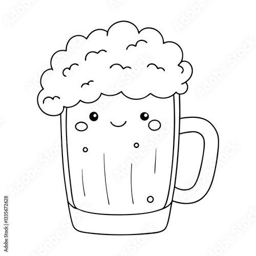 Cute beer mug illustration with a smiling face and frothy top on a white background
