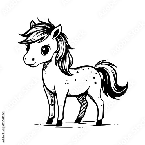 Cute pony illustration standing with a friendly expression on a white background