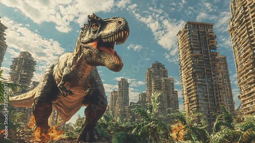 Fototapeta Naklejka Na Ścianę i Meble -  3d model of a dinosaur in a city setting blending the ancient with the modern