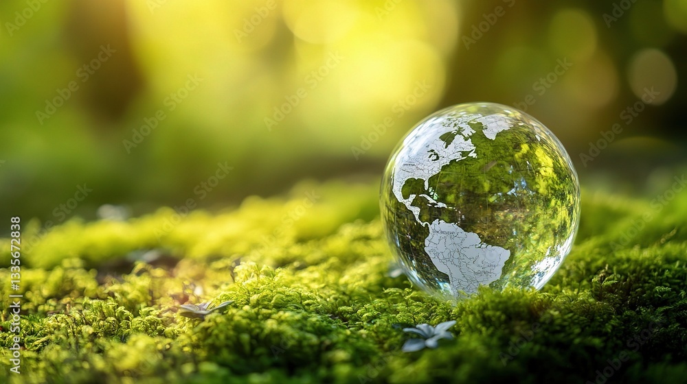 Crystal Globe Resting on Lush Green Moss in Natural Setting Crystal Globe Resting on Lush Green Moss in Natural Setting