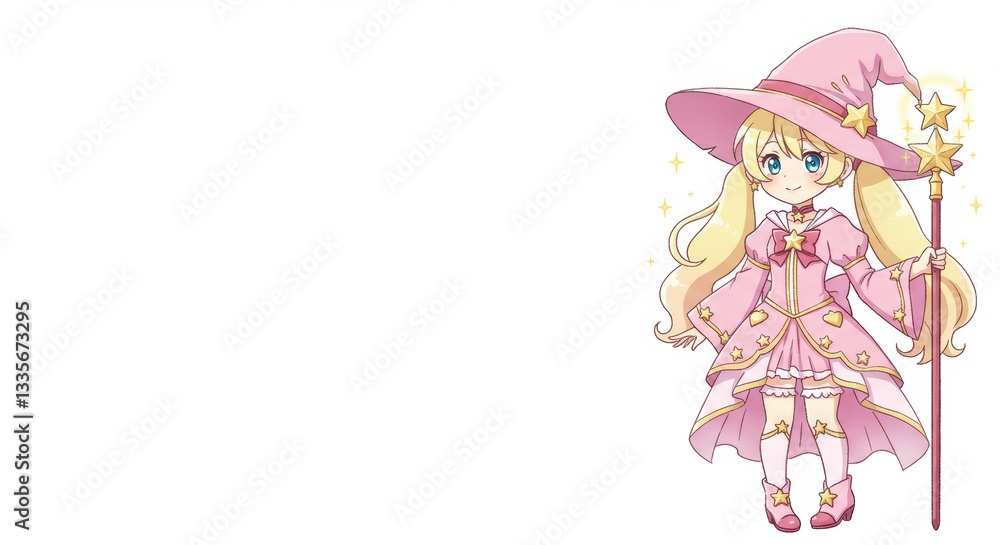 Cute anime wizard girl in pink outfit with starry wand and hat Cute anime wizard girl in pink outfit with starry wand and hat
