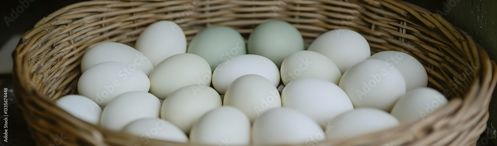 Basket of eggs, farm setting, rural Basket of eggs, farm setting, rural