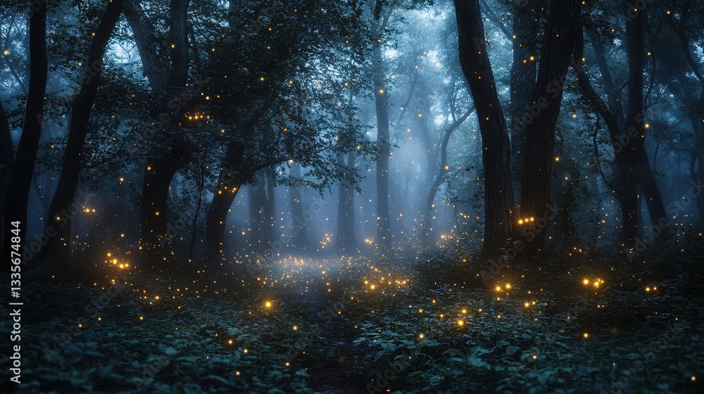 Obraz premium Mystical Foggy Forest Filled with Fireflies at Dusk