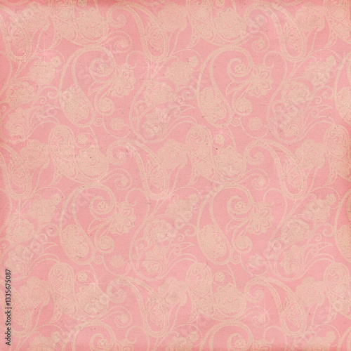 Vintage soft pink paisley background with subtle ornamental pattern and textured paper effect. Light pastel tones, romantic decorative style, ideal for backgrounds, invitations, branding, packaging.