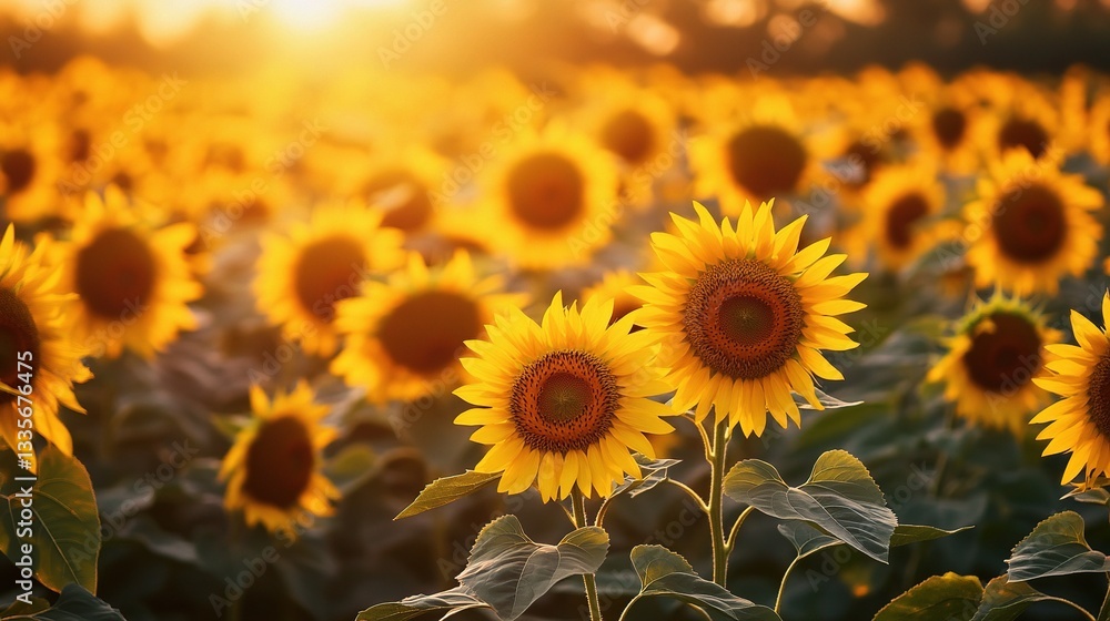 Fototapeta premium Breathtaking Sunflower Field Stretching to the Horizon at Sunset