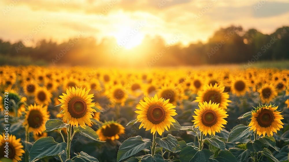 Fototapeta premium Endless Sunflower Field at Sunset with Breathtaking Sky View