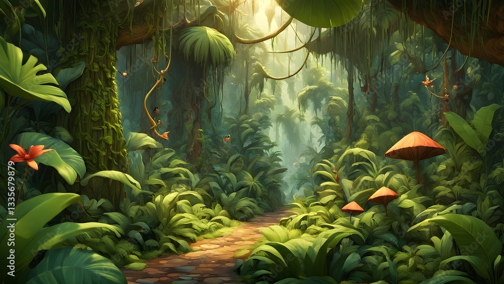 Fototapeta premium A digital illustration an enchanting jungle path, showcasing vibrant green foliage, large leaves, stone walkway, sunlight filtering through canopy.