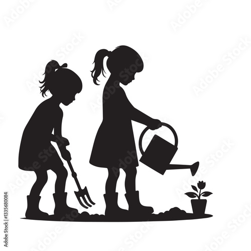 Child gardening silhouette vector.