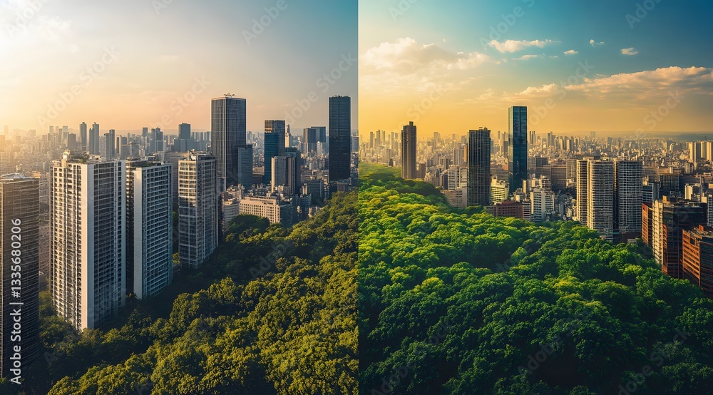 Obraz premium Cityscape Divided by Lush Green Urban Park