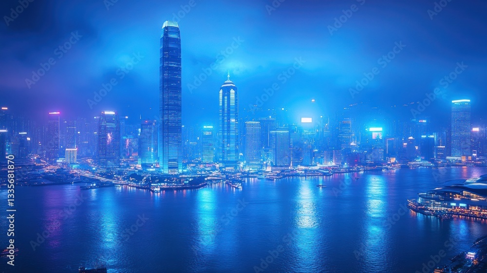 Fototapeta premium Night View of Hong Kong Skyline: A Dazzling Display of Urban Lights and Architectural Wonders