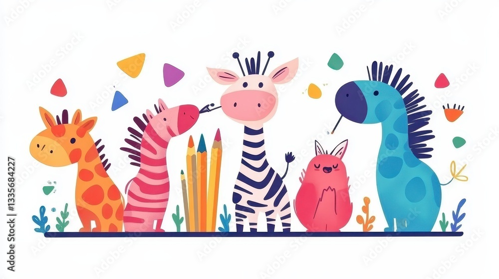 Fototapeta premium Charming little zebra in a kawaii style, focused on drawing colorful shapes with crayons on a sketchpad, cute and lively, white backdrop 