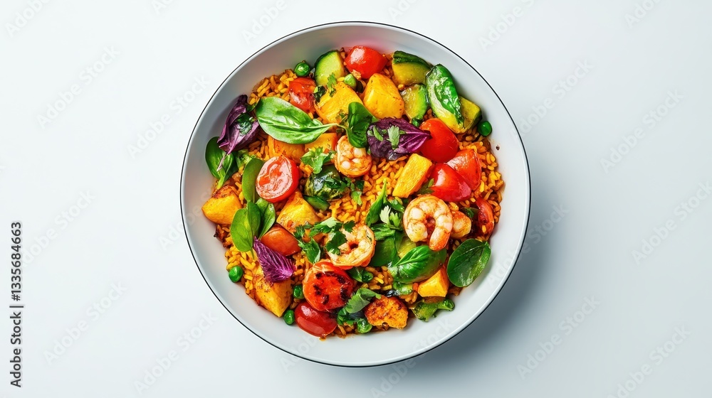 Elegant Spanish paella with golden saffron rice, seafood, and fresh herbs, right-side focus, minimal white table setup. Elegant Spanish paella with golden saffron rice, seafood, and fresh herbs, right-side focus, minimal white table setup.