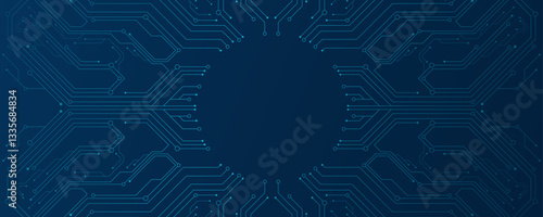 AI circuit board with electronic elements on blue backdrop. UI and GUI design. Futuristic hi-tech panel of connected lines. FinTech background. Vector illustration. EPS 10