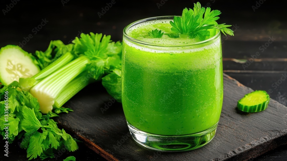 Energizing green vegetable juice in a clear glass, garnished with fresh celery, beautifully lit, highlighting health and nutrition Energizing green vegetable juice in a clear glass, garnished with fresh celery, beautifully lit, highlighting health and nutrition