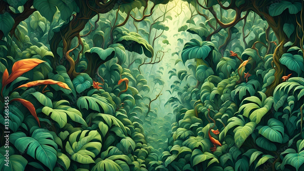 A vibrant digital painting showcases a dense, green rainforest path leading into a misty, sunlit clearing. Lush foliage large leaves create a mystical atmosphere.