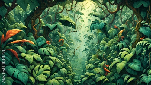 Obraz na płótnie A vibrant digital painting showcases a dense, green rainforest path leading into a misty, sunlit clearing. Lush foliage large leaves create a mystical atmosphere. w salonie