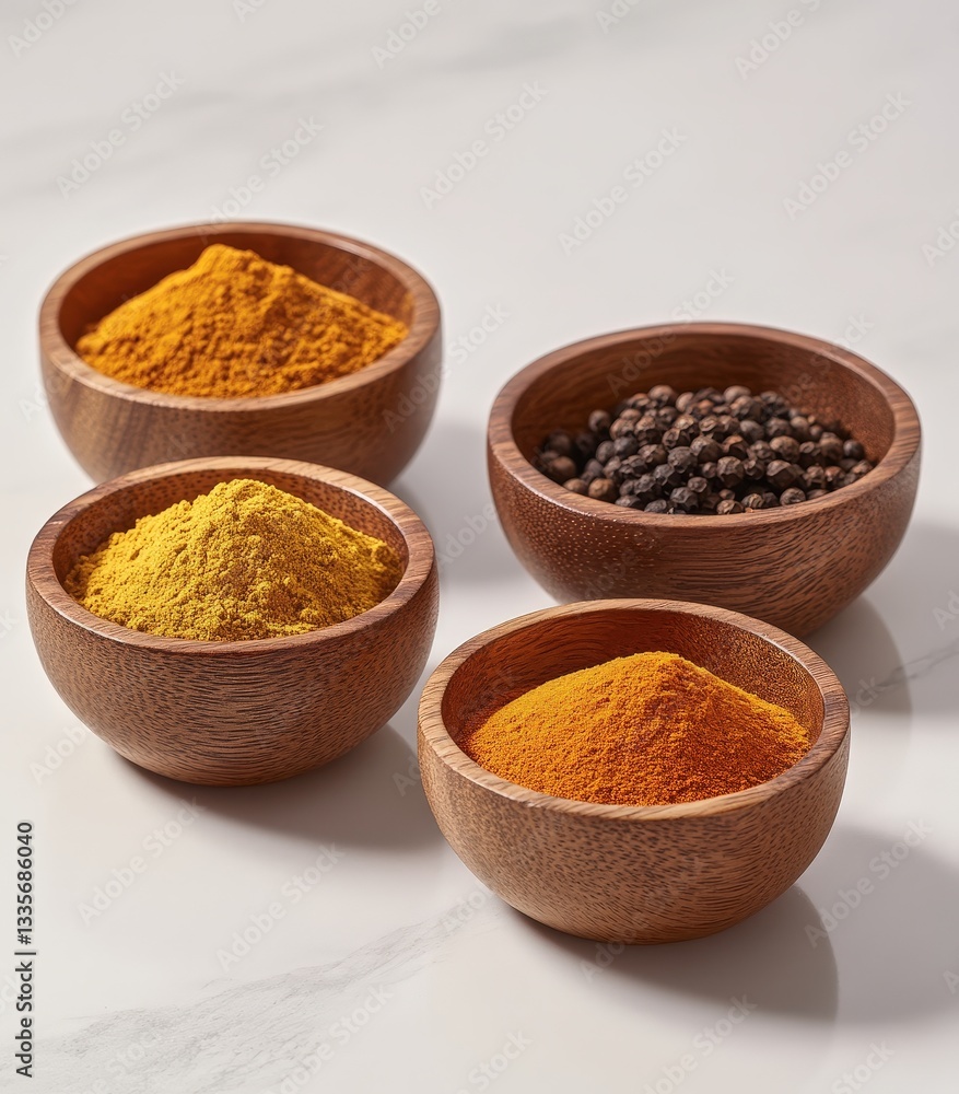 Four wooden bowls filled with colorful spices, including turmeric and black pepper, arranged on a light surface. Four wooden bowls filled with colorful spices, including turmeric and black pepper, arranged on a light surface.