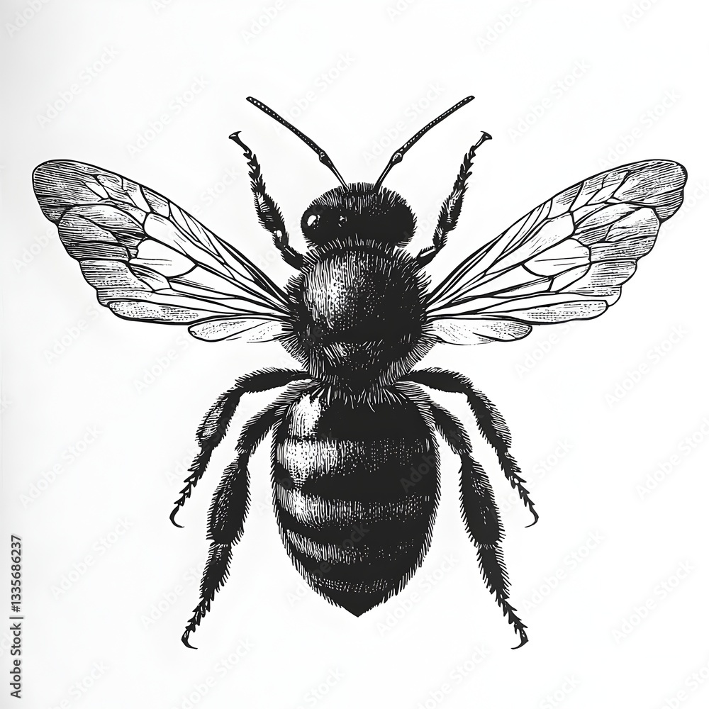 A detailed hand-drawn illustration depicts a honeybee with outstretched wings against a stark white background showcasing intricate linework and A detailed hand-drawn illustration depicts a honeybee with outstretched wings against a stark white background showcasing intricate linework and
