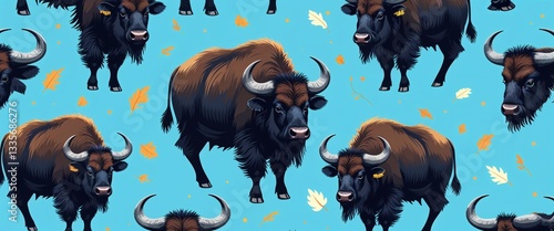 buffalo pattern on cyan plain background digital abstract art work illustration design