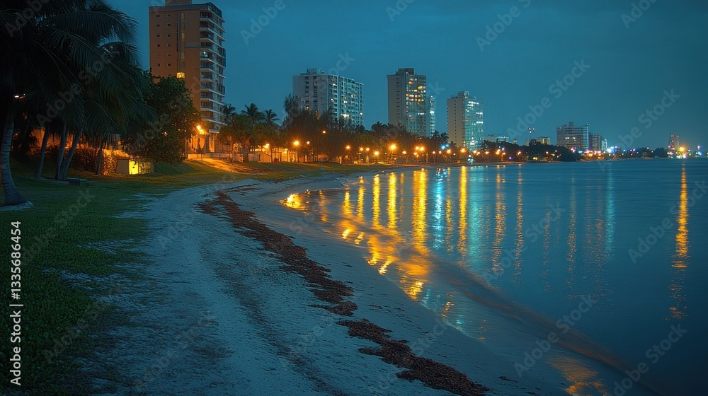 Fototapeta premium Night Cityscape Beachfront Reflection