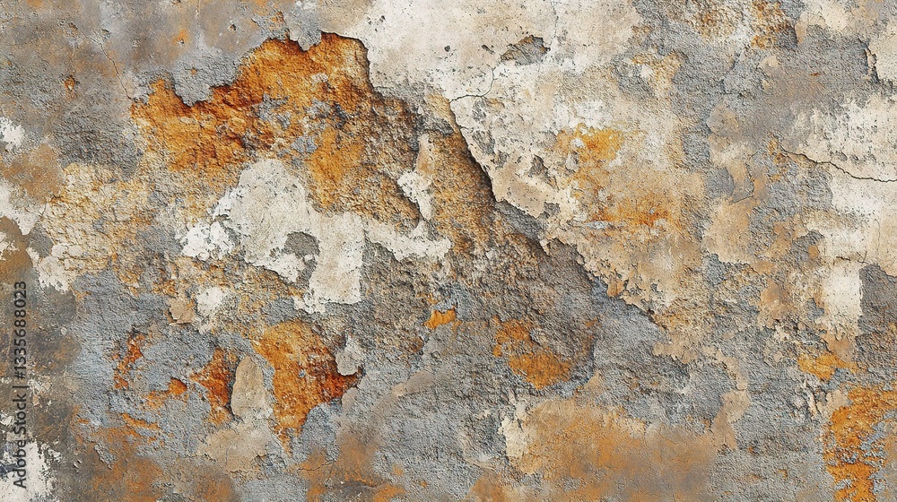 Fototapeta premium Weathered Wall Texture: A close-up view of a rough, weathered wall reveals the beauty of time, featuring peeling paint and exposed layers of textured surface.