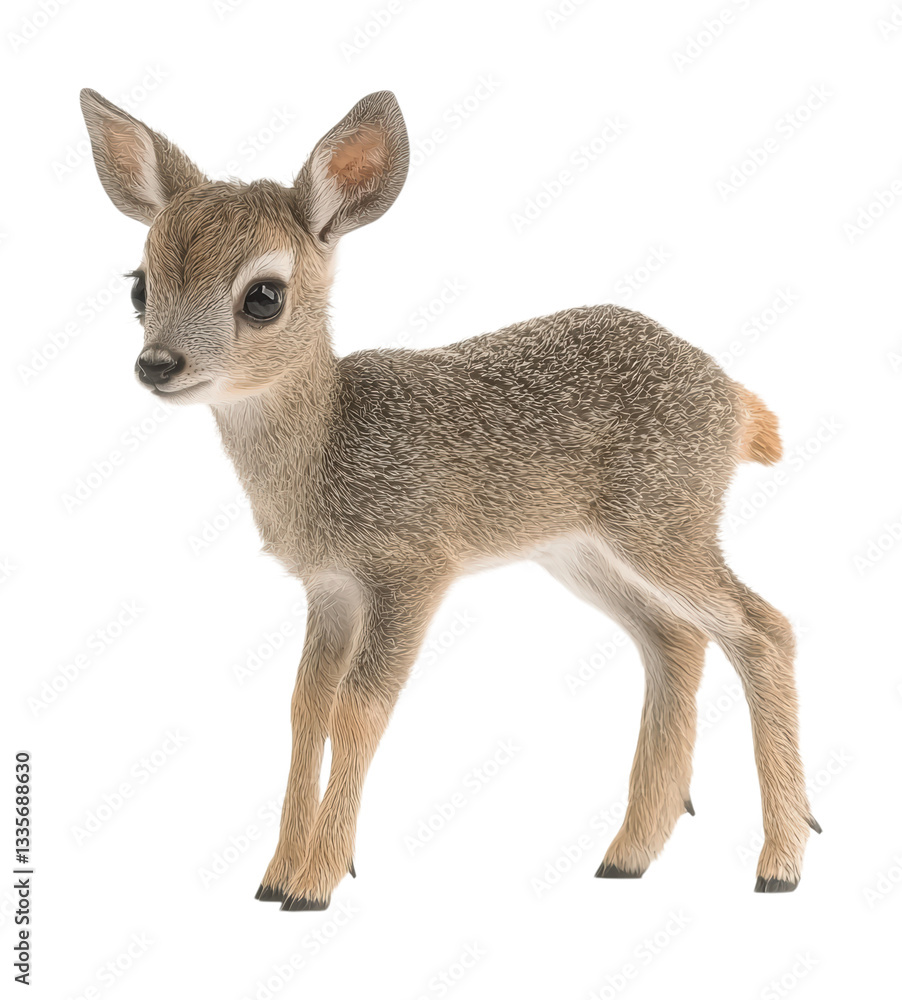 Fototapeta premium Adorable Baby Deer Fawn Standing with Delicate Features and Soft Grey Fur Showing Young Wildlife Beauty Isolated on Transparent and White Background
