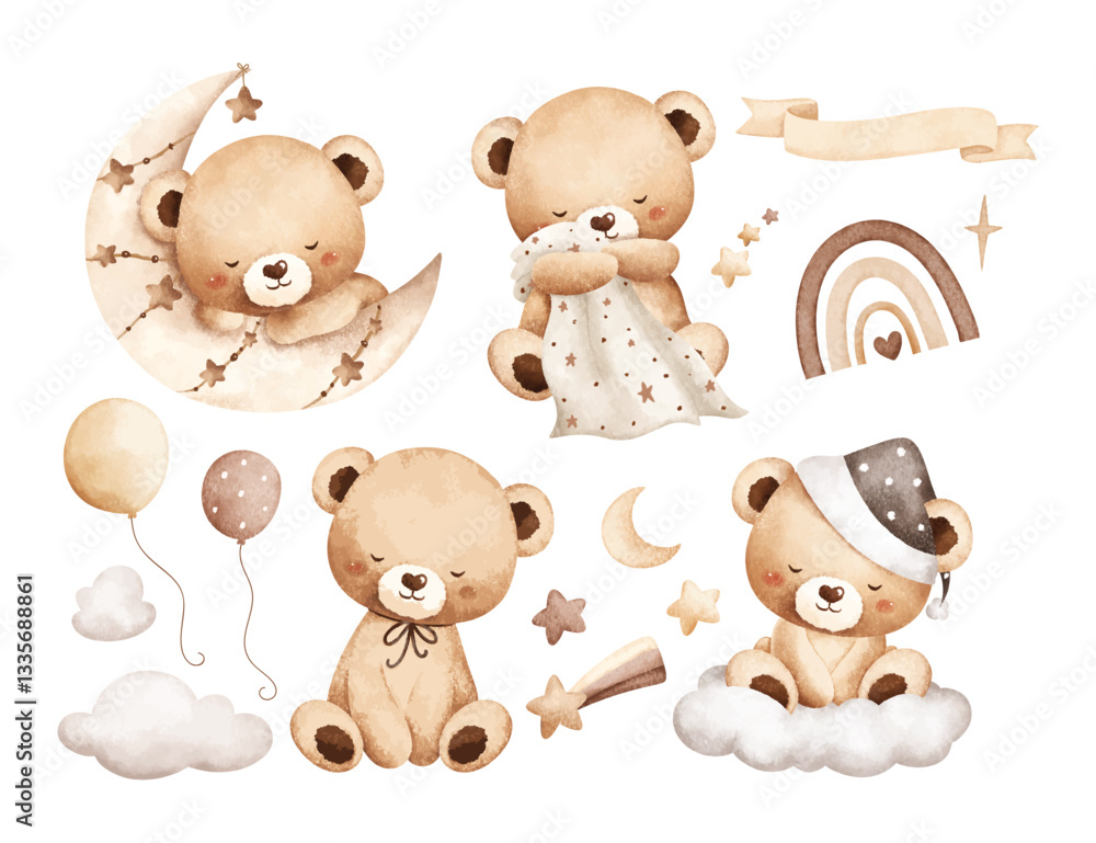 Watercolor Illustration Set of Sleepy Bears and Sky Elements Watercolor Illustration Set of Sleepy Bears and Sky Elements