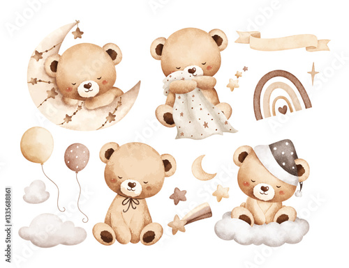 Watercolor Illustration Set of Sleepy Bears and Sky Elements